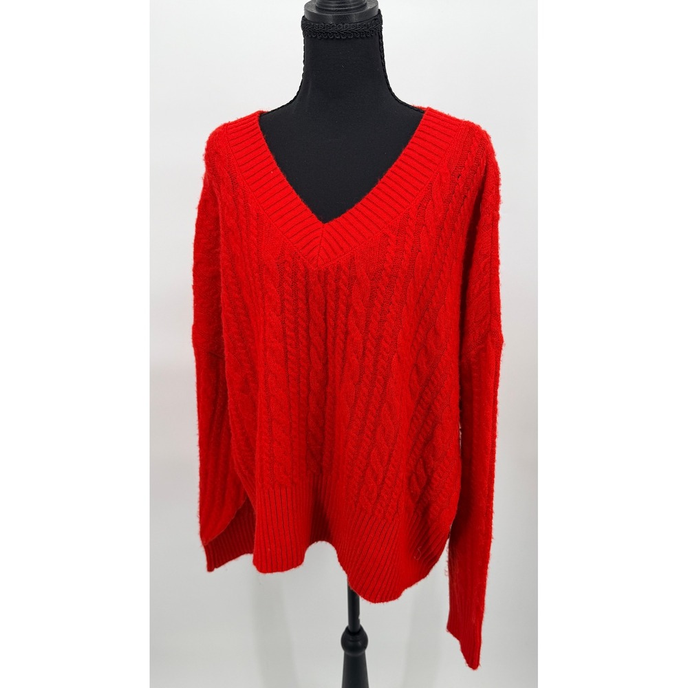 Lauren Conrad Cable Knit Sweater Women XXL Red NEW V-Neck Long Sleeve Cozy